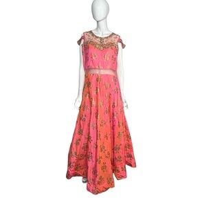 Handmade Indian Pink Gold Beaded Dress Bollywood Full Length Formal S/M